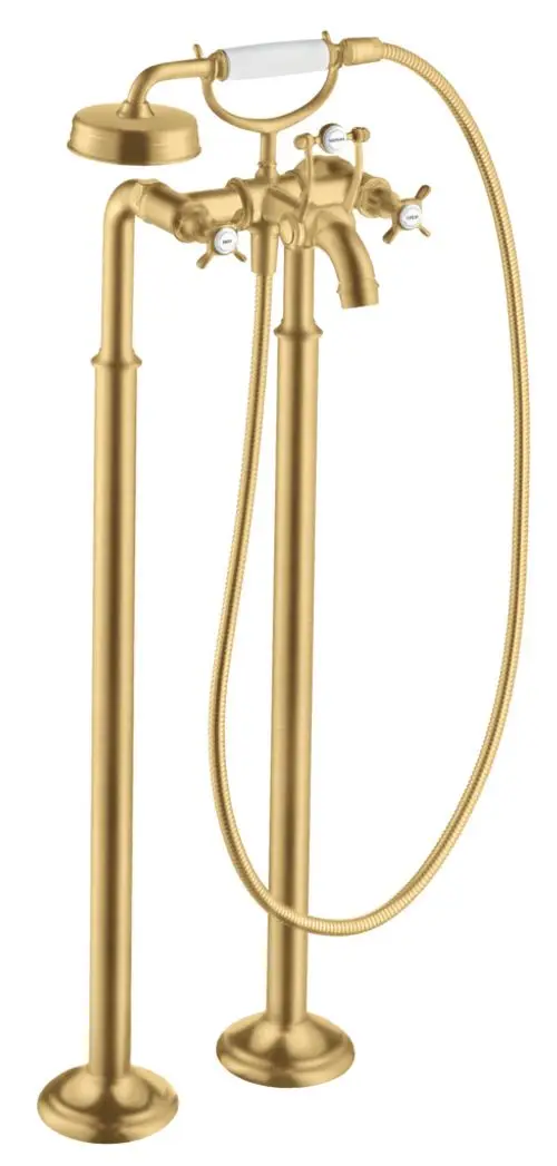 Bodenstehende Armatur mit zwei Griffen und Handbrause in gebürstetem Gold, entworfen von AXOR. Ideal für Wanneninstallationen.